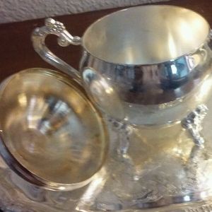 Regal Silver Silverplated Sugar Bowl Lid Creamer Etched Designer Tray 4 Pieces